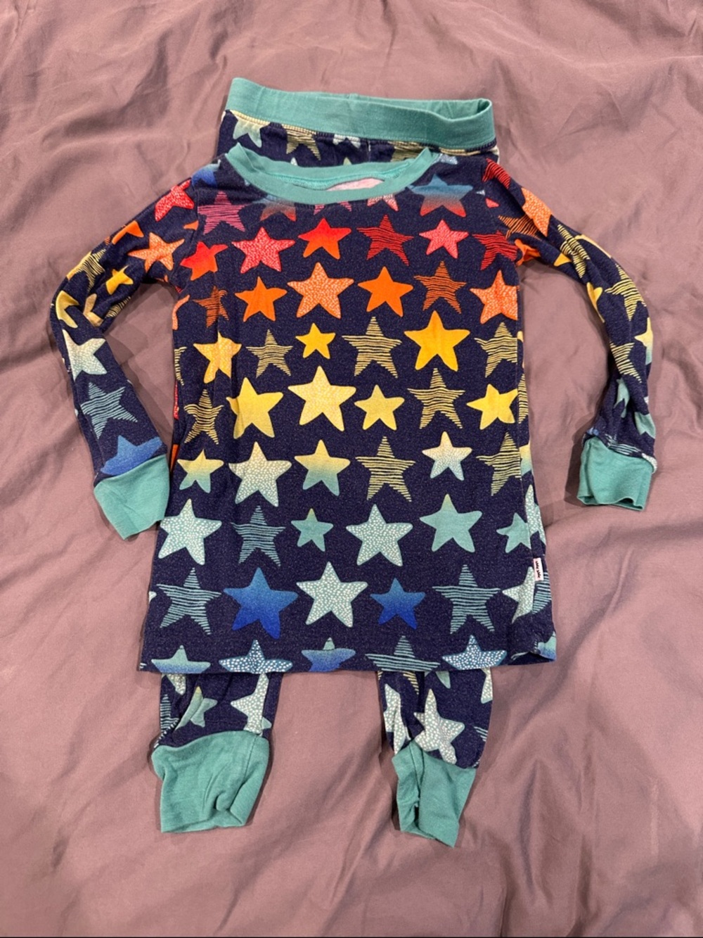 Kids Rainbow Star Pajama Set with Teal Trim